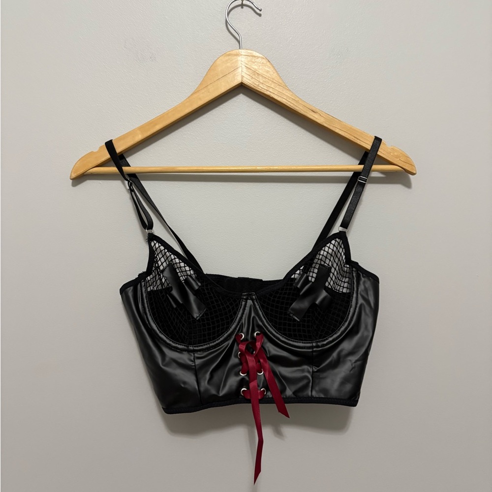 Faux Leather Black Lace-Up Satin Bralette Size Small
